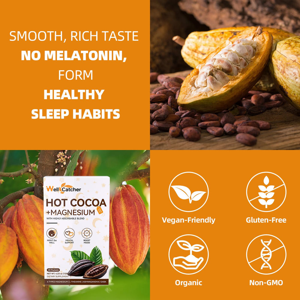 Wellcatcher Nighttime Sleep Hot Cocoa label-info highlights organic vegan non-GMO quality.