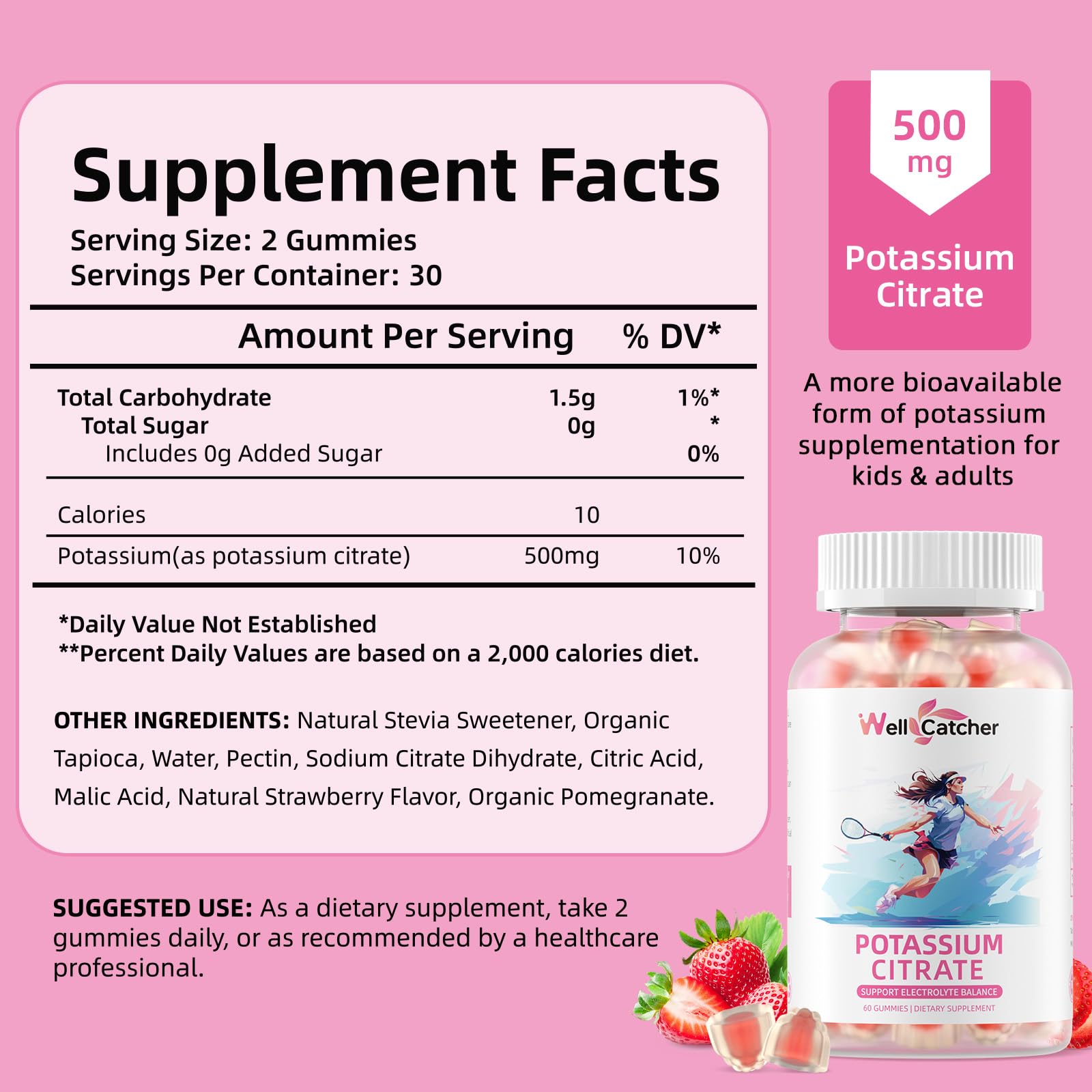 Wellcatcher potassium gummies closeup texture — sweet strawberry flavor and high-potency citrate for cramp relief possibilities.