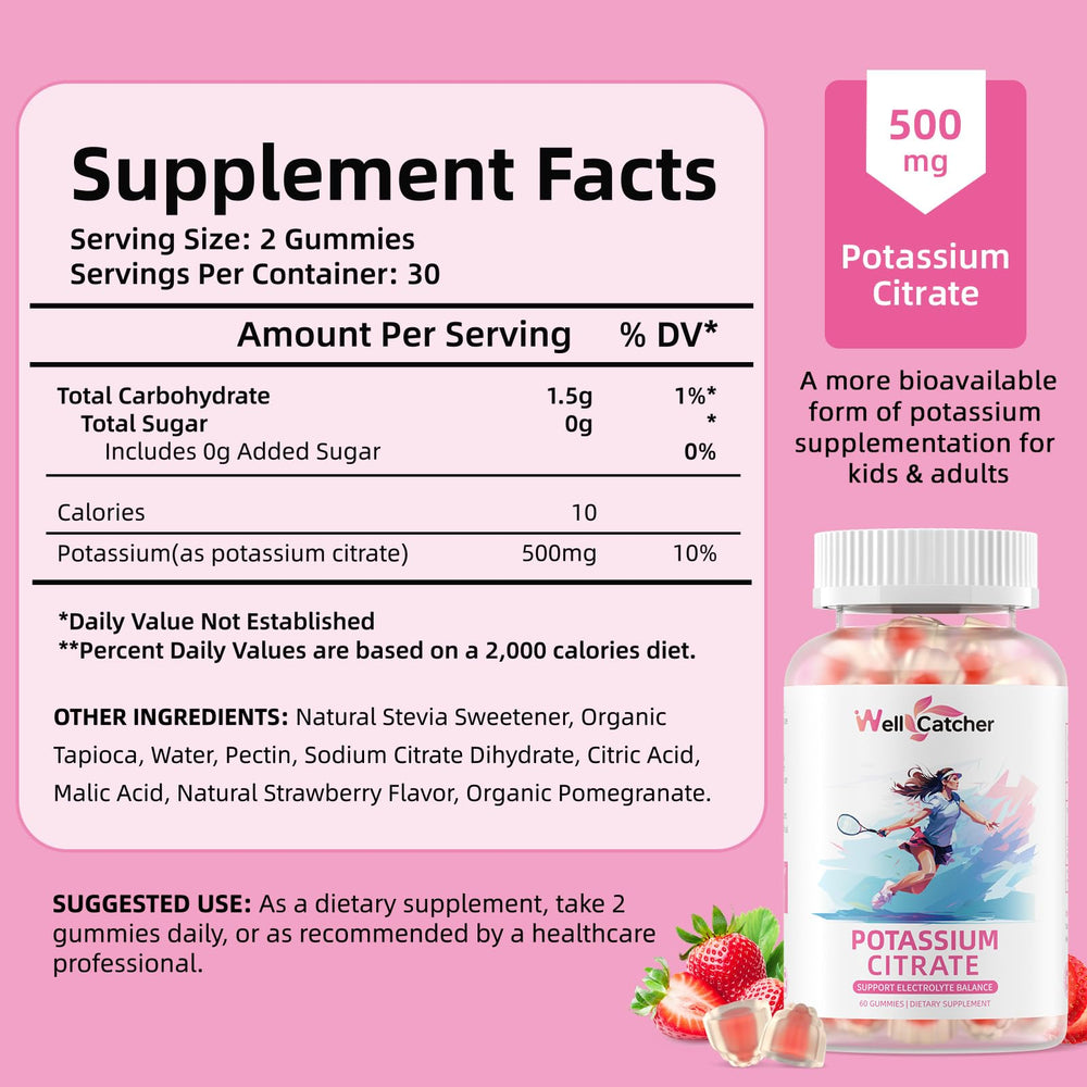 Wellcatcher potassium gummies closeup texture — sweet strawberry flavor and high-potency citrate for cramp relief possibilities.