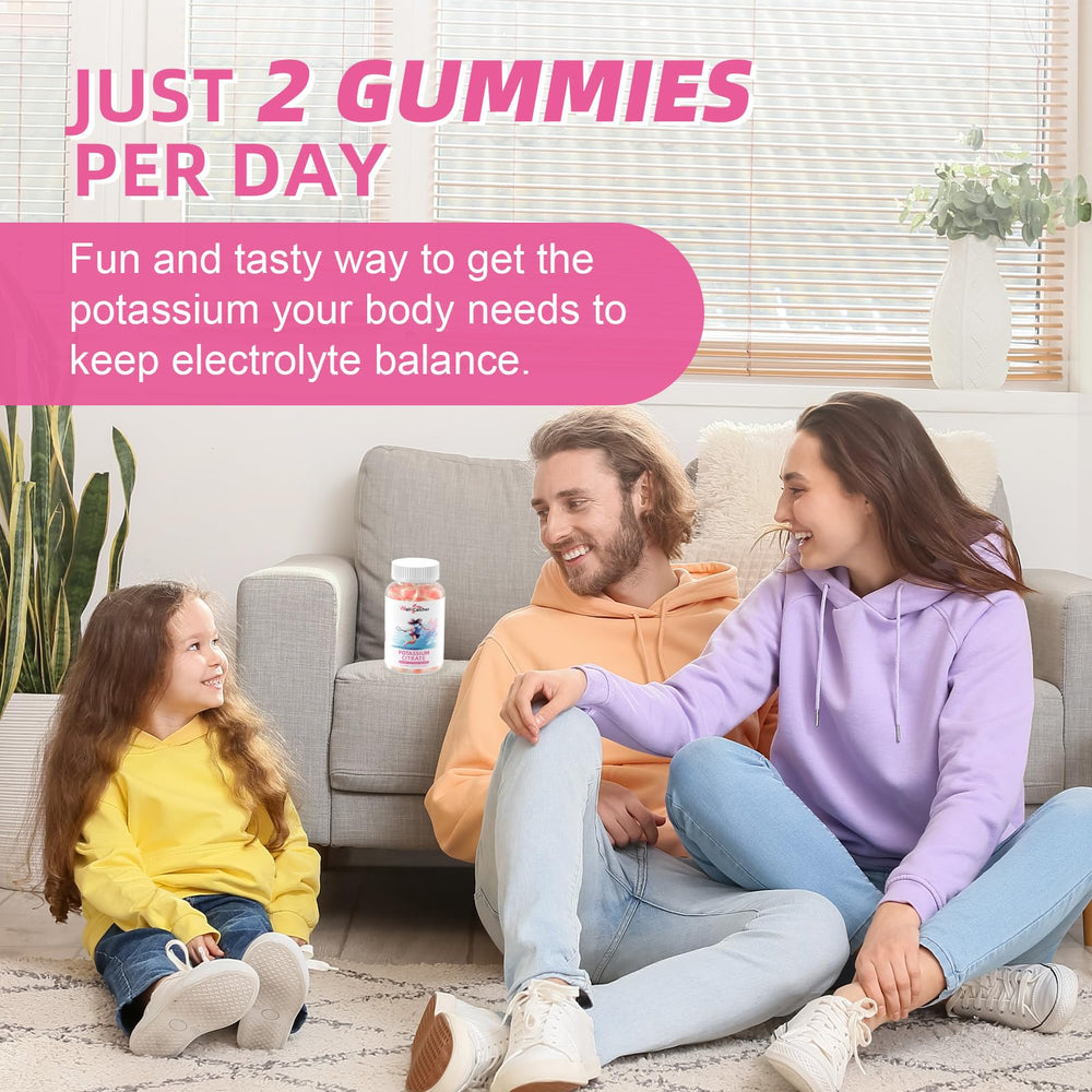 Wellcatcher potassium gummies kid-friendly pack — appealing strawberry taste can support family electrolyte balance.