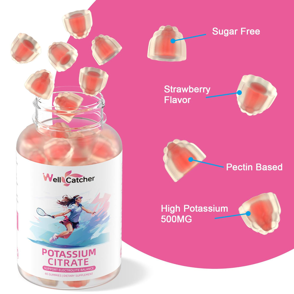 Wellcatcher potassium gummies organic label — shows non-GMO, vegan ingredients for clean daily supplementation.