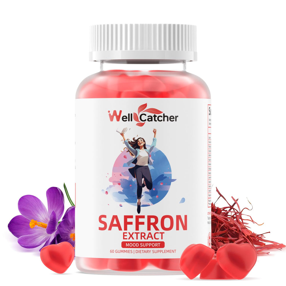 Wellcatcher Saffron Gummies bottle showcasing mood support and vegan sugar-free formula