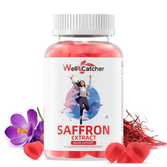 Wellcatcher Saffron Gummies bottle showcasing mood support and vegan sugar-free formula