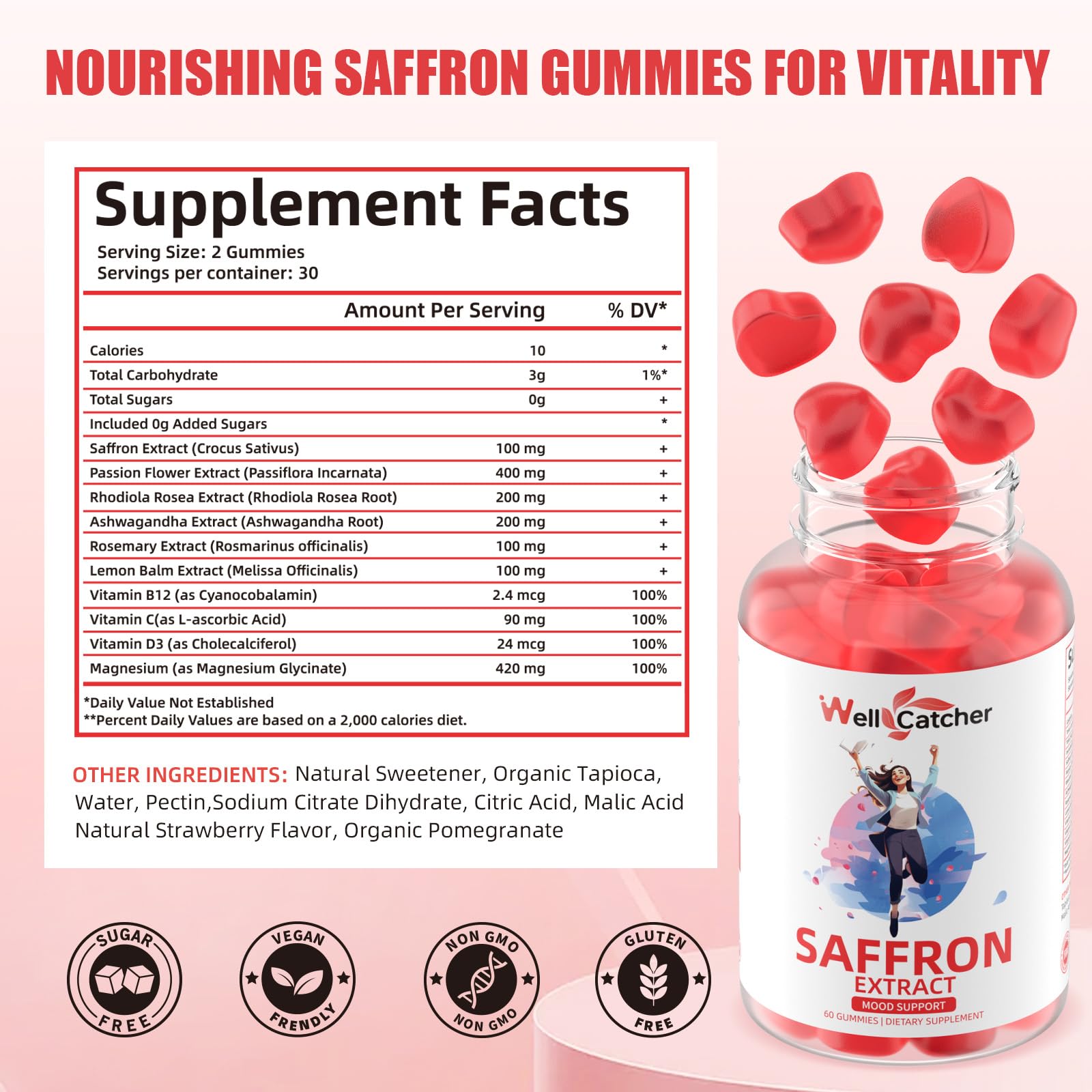 Jar label close-up highlighting saffron blend and 10-in-1 natural formula