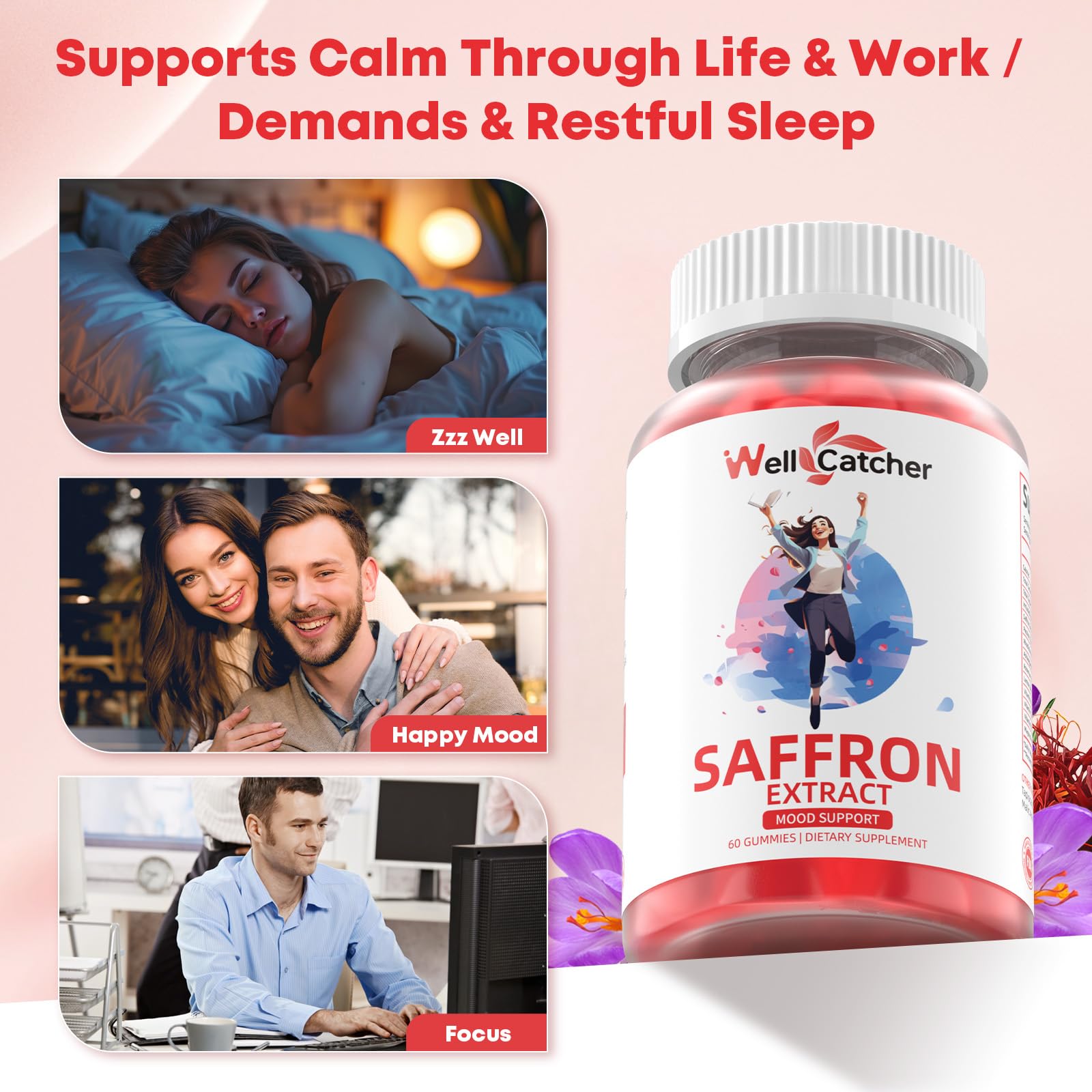 Gummies with strawberry color next to vitamins illustrating daily energy support