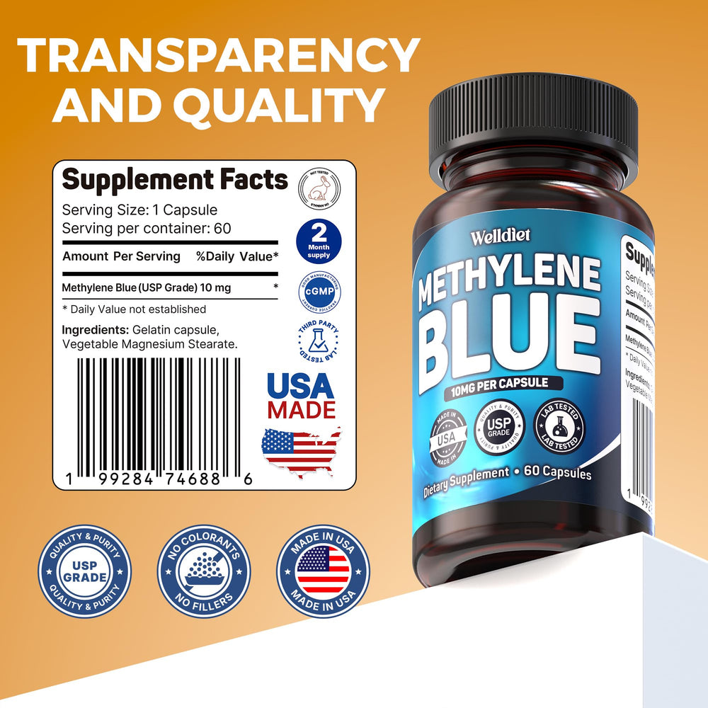 Welldiet Methylene Blue capsules closeup — 10 mg per capsule, high purity.