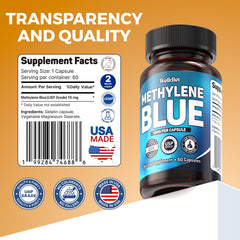 Welldiet Methylene Blue capsules closeup — 10 mg per capsule, high purity.