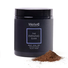 WelleCo Evening Elixir jar closeup, suggesting skin glow while you sleep