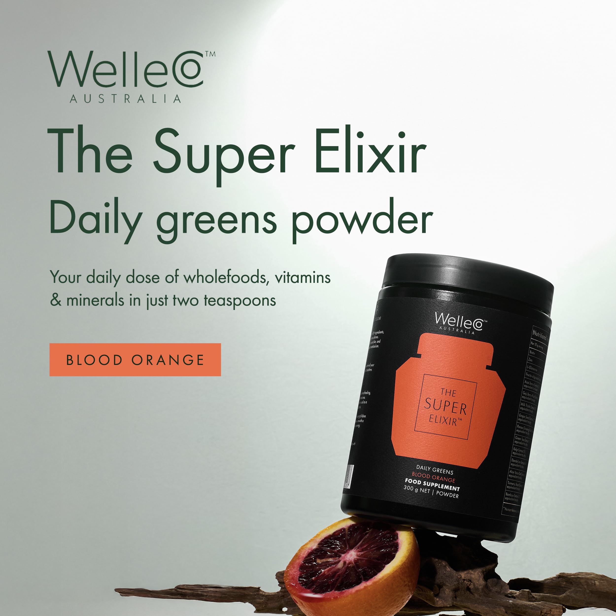 WelleCo tub back, detailing ingredients for gut health and immunity potential.