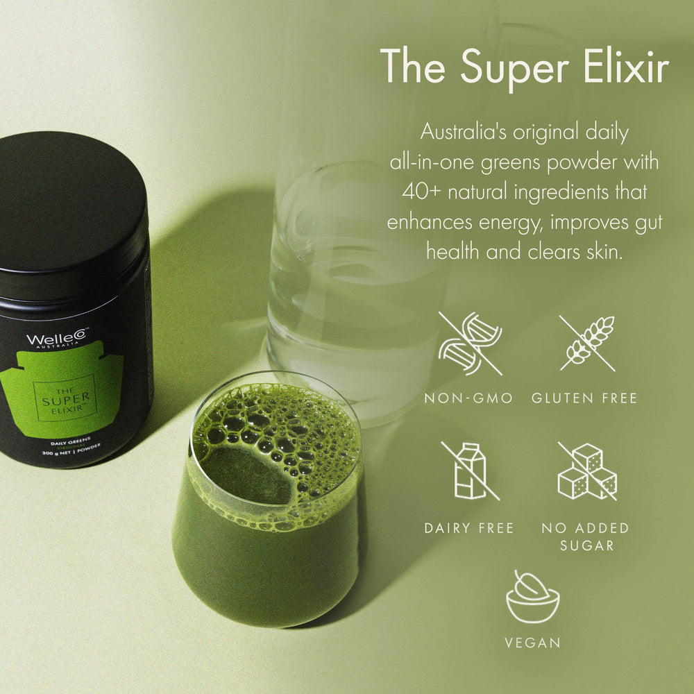 WelleCo Super Elixir ingredients in a bowl with whole foods