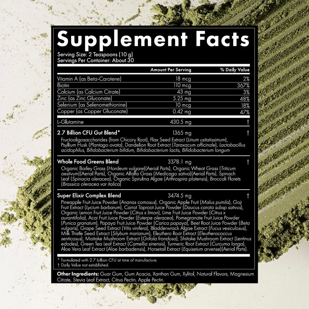 WelleCo Super Elixir gluten-free vegan dairy-free label close-up