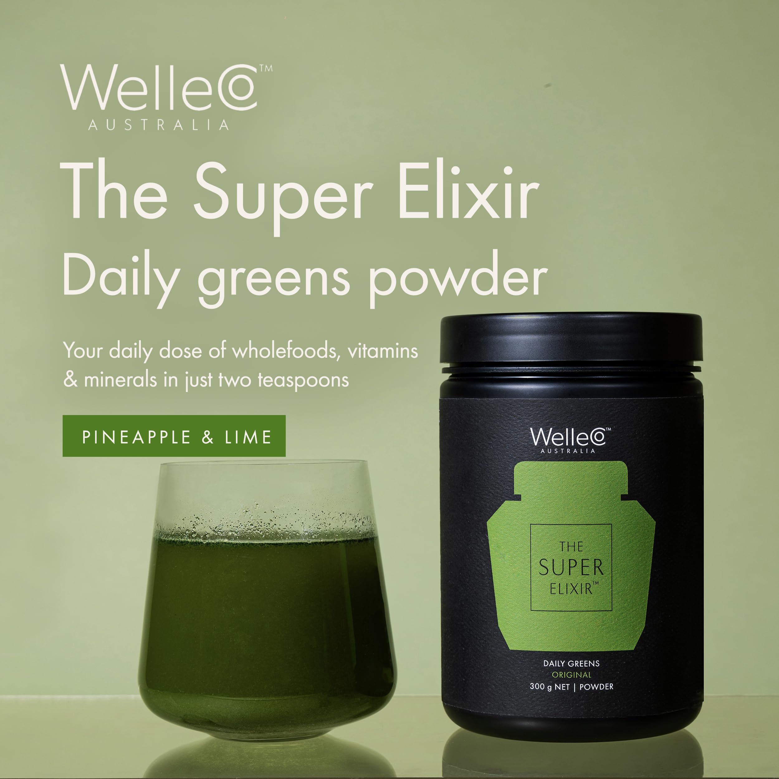 WelleCo Super Elixir pineapple-lime jar back shows nutrition facts for informed use