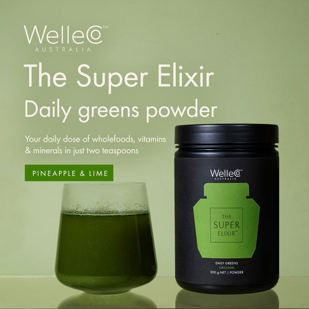 WelleCo Super Elixir pineapple-lime jar back shows nutrition facts for informed use