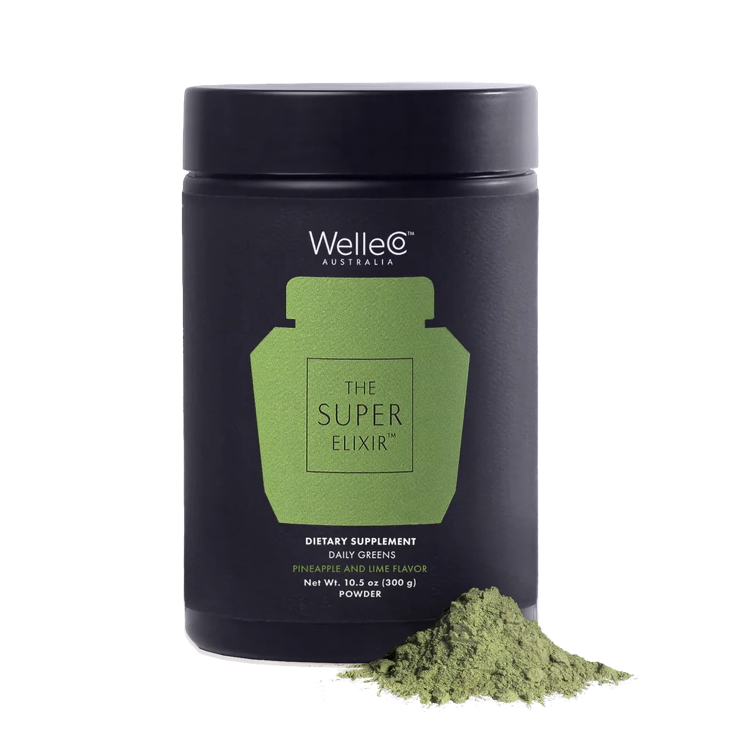 WelleCo Super Elixir pineapple-lime jar front promotes daily greens and energy