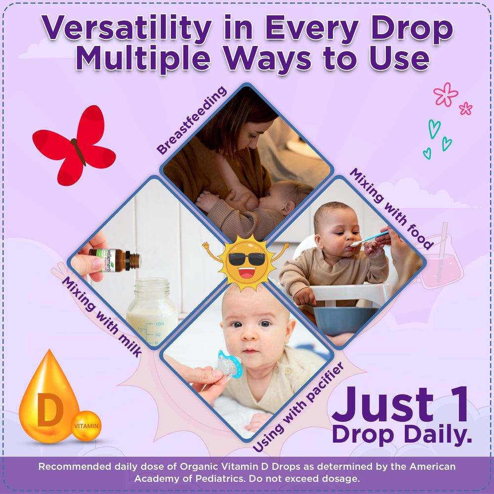 Wellements Vitamin D Drops applied to nipple for easy administration.