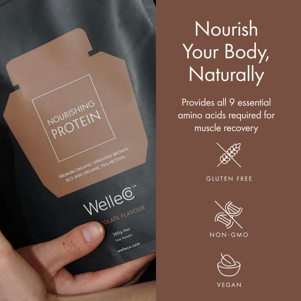 WelleCo protein powder scoop demonstrates quick daily nutrition boost.