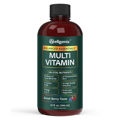 Wellgenix Balanced Essentials bottle pour showing a smooth berry liquid for daily energy