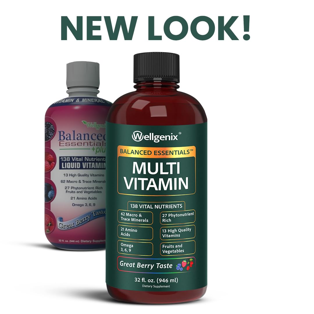 Wellgenix Balanced Essentials liquid closeup with vibrant berry color and smooth texture