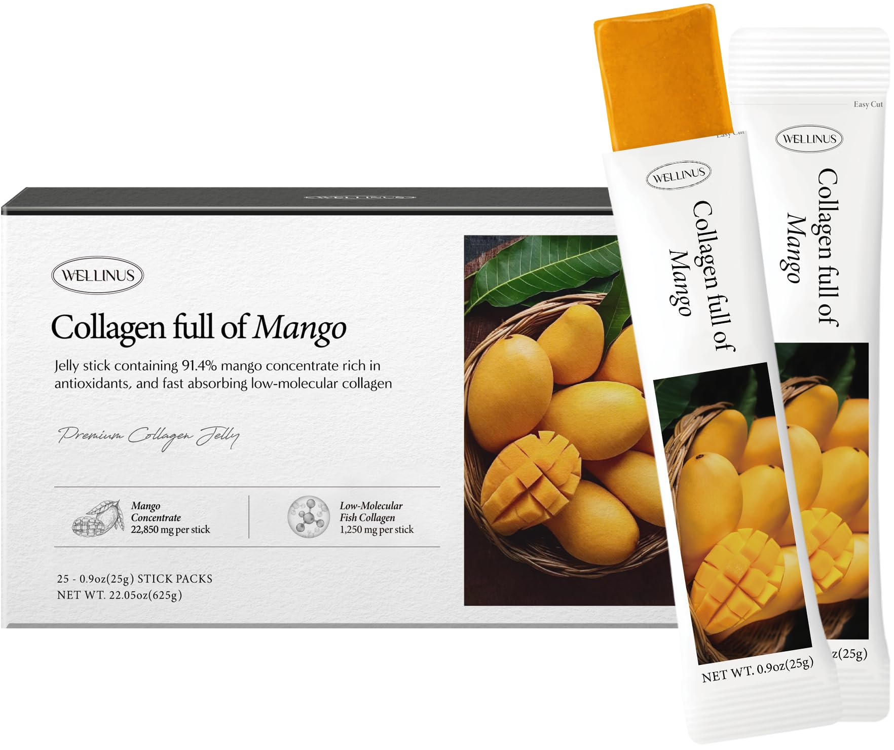 WELLINUS Korean Collagen Jelly packaging front highlighting mango flavor and travel-friendly design.