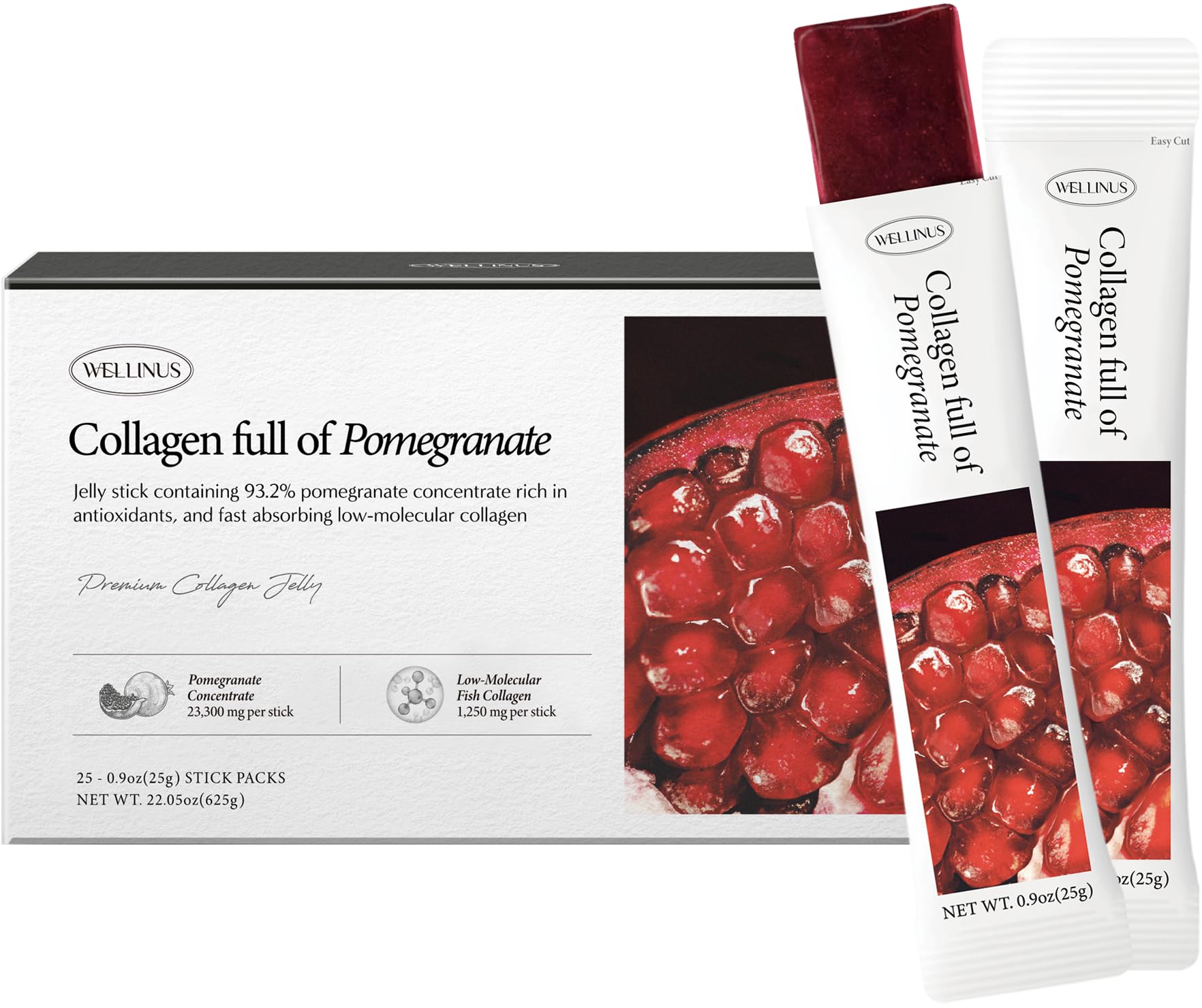 WELLINUS Korean collagen jelly stick with pomegranate flavor for on-the-go hydration.