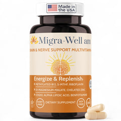 Wellkasa Migra-Well AM bottle front, daily energy-support multivitamin.