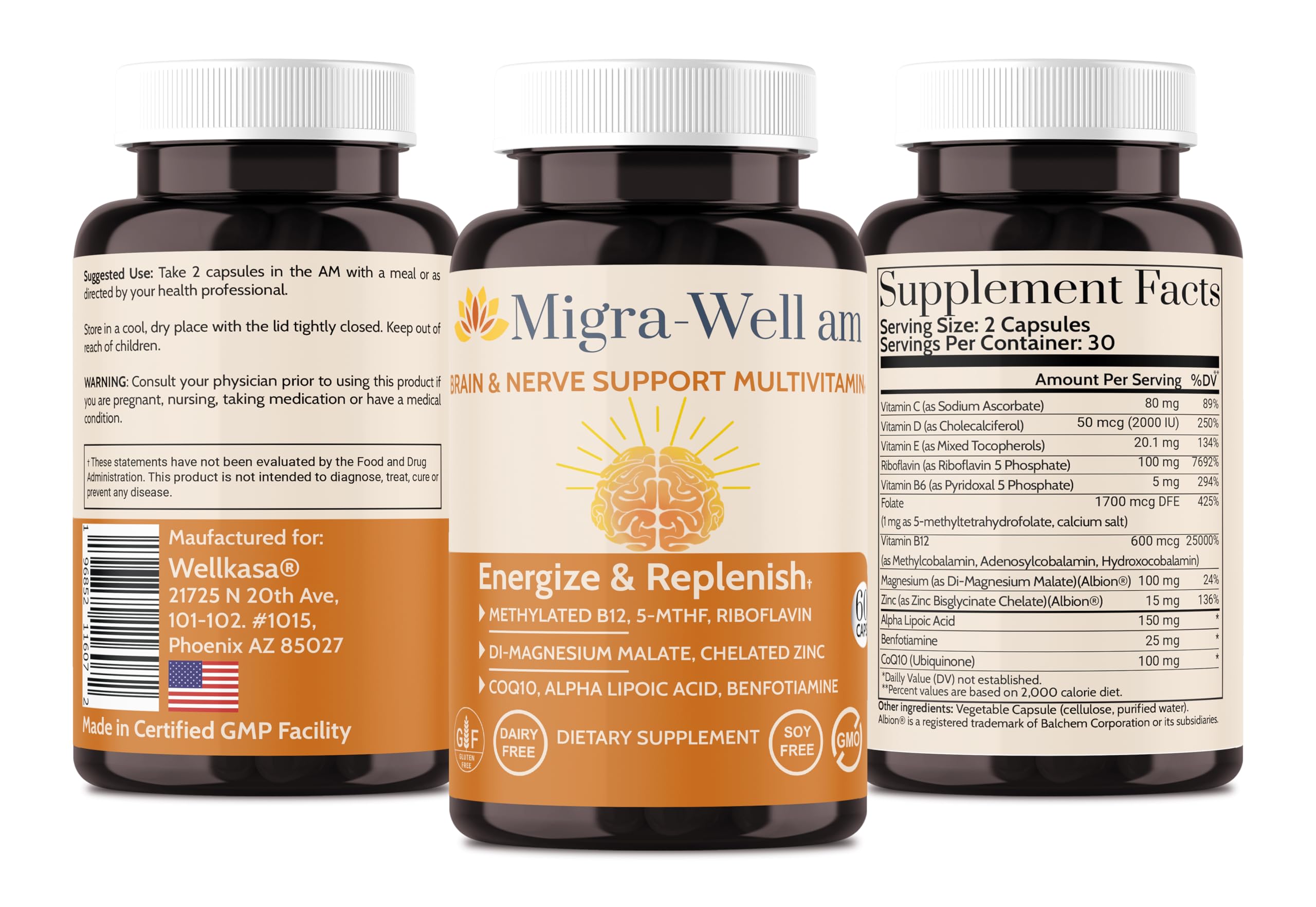 Wellkasa Migra-Well AM bottle on kitchen counter with product info.