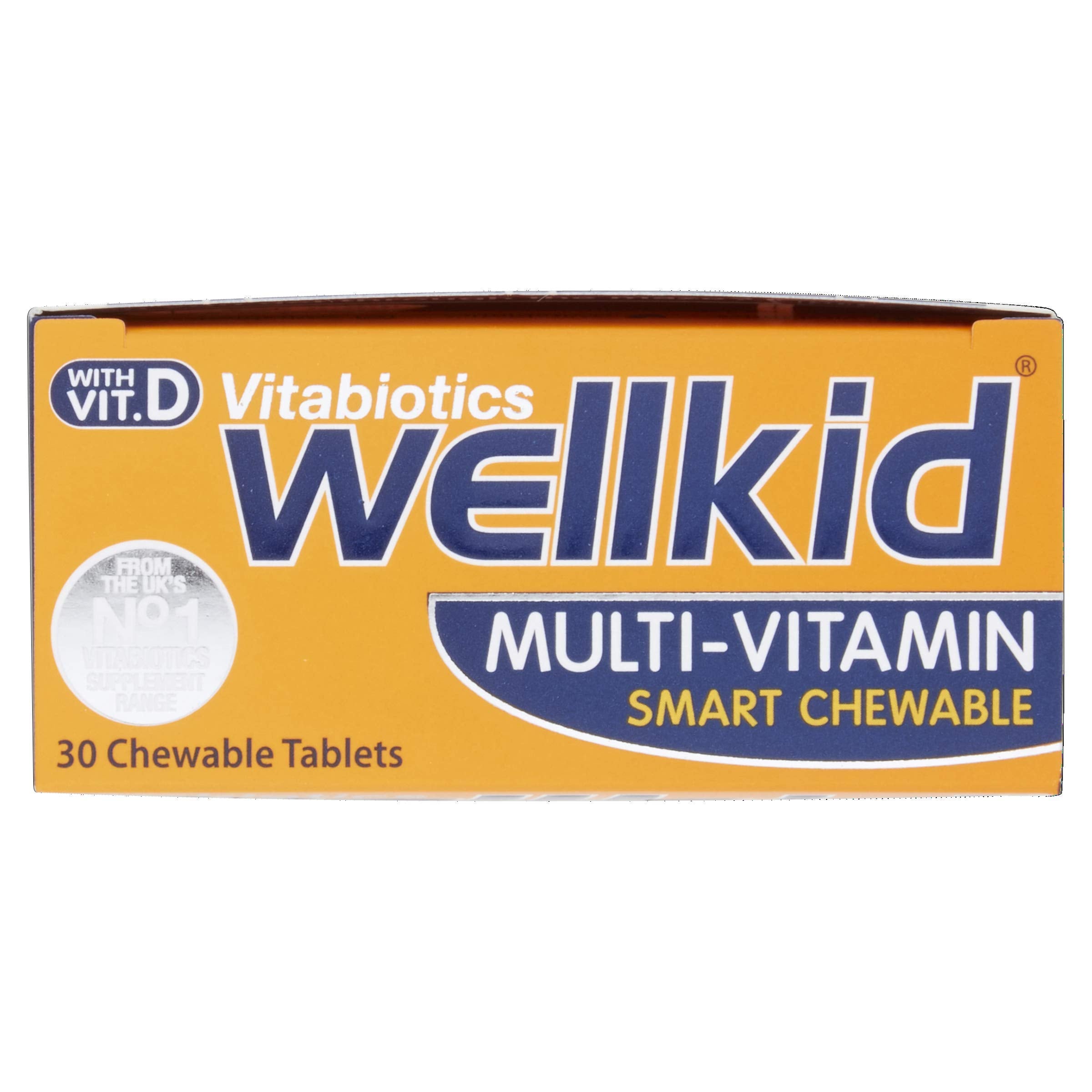 Happy child taking Wellkid chewable tablets as part of daily routine.