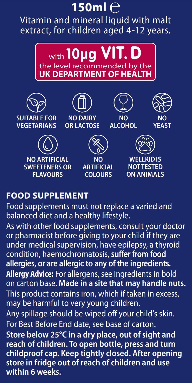 Wellkid liquid dropper pouring into spoon for easy dosing.