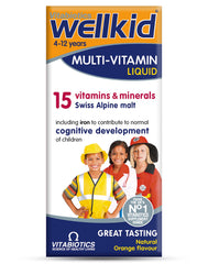 Wellkid Multi-Vitamin Liquid bottle front, kid-friendly packaging for daily use.