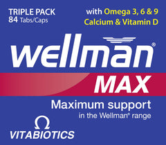 Wellman Max calcium and vitamin D tablets support daily nutrition.