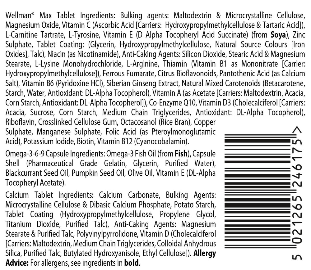 Wellman Max triple-pack back panel shows ingredients and guidance.