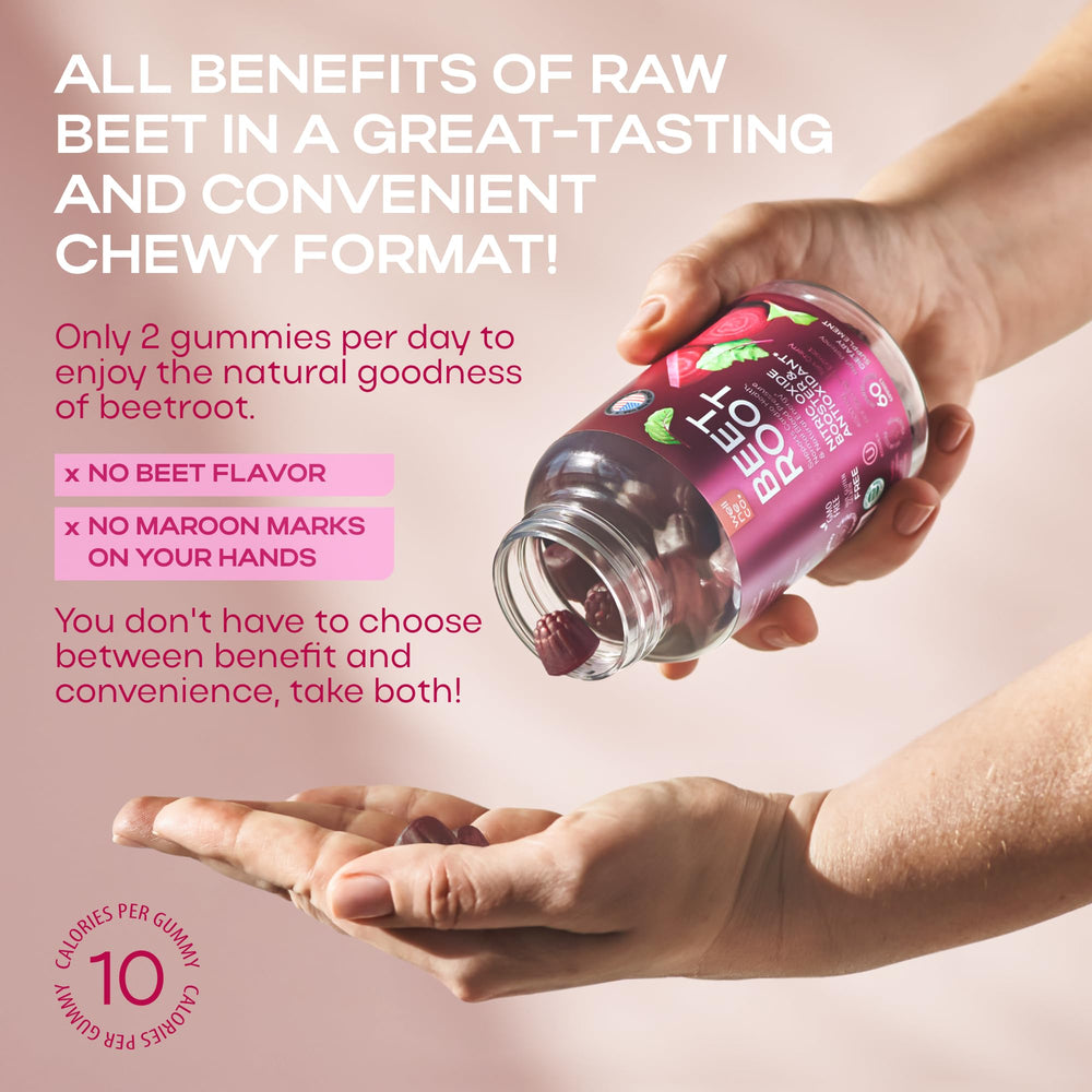 Wellneco Beet Chews two gummies with glass of water showing convenient daily dose