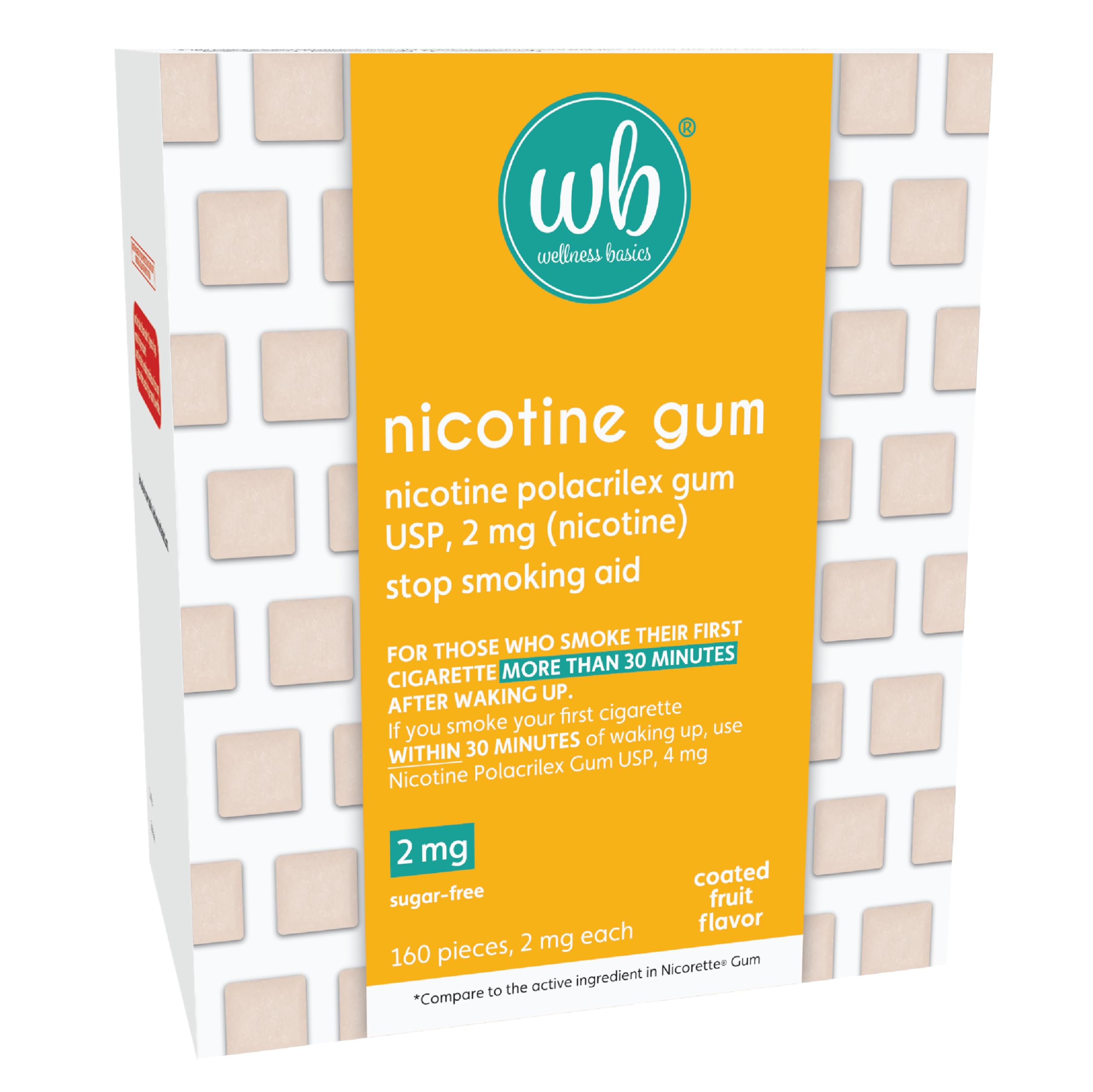 Wellness Basics nicotine gum 2mg packaging shown for on-the-go quit support.