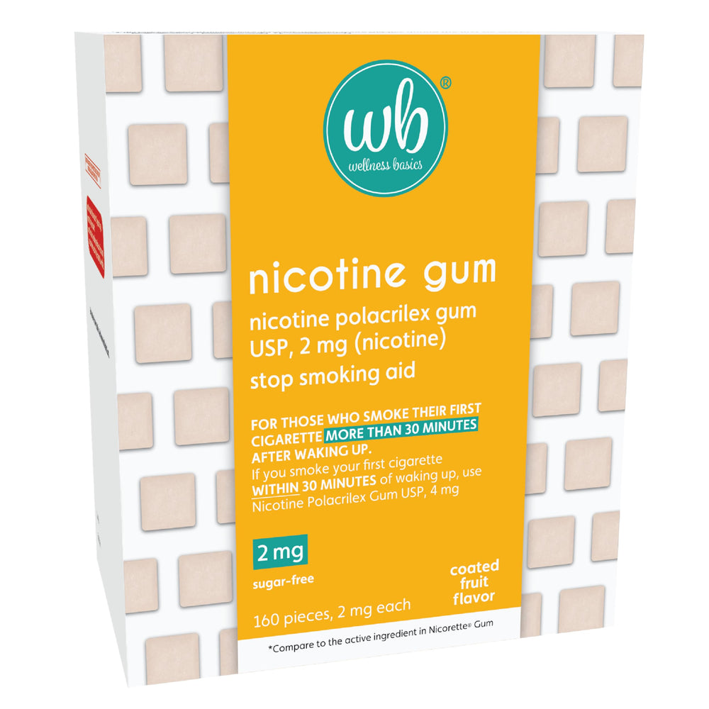 Wellness Basics nicotine gum 2mg packaging shown for on-the-go quit support.