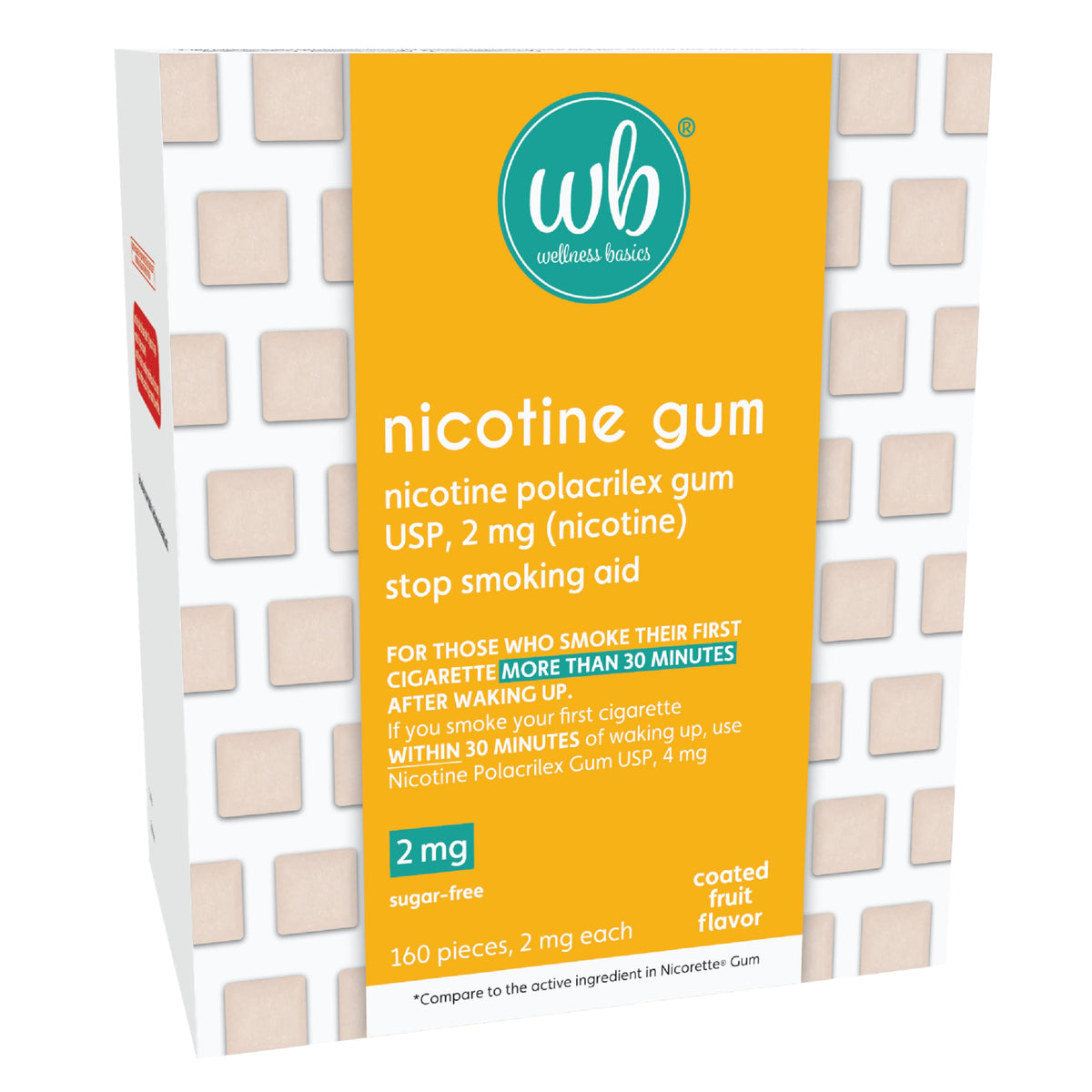 Wellness Basics nicotine gum 2mg packaging shown for on-the-go quit support.