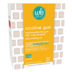 Wellness Basics nicotine gum 2mg packaging shown for on-the-go quit support.