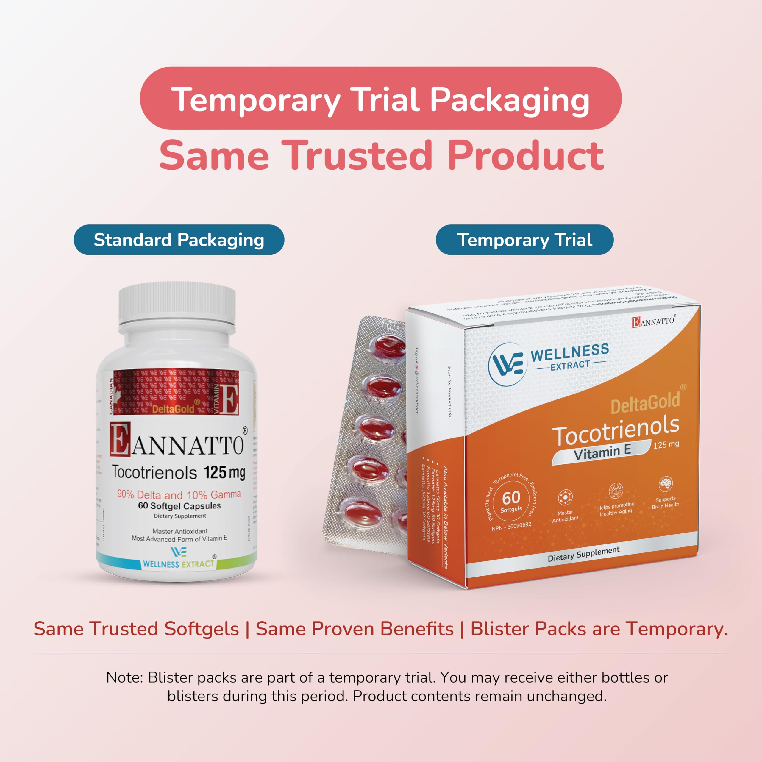 WELLNESS EXTRACT Eannatto Tocotrienols softgels closeup showing smooth, easy-to-swallow capsules.