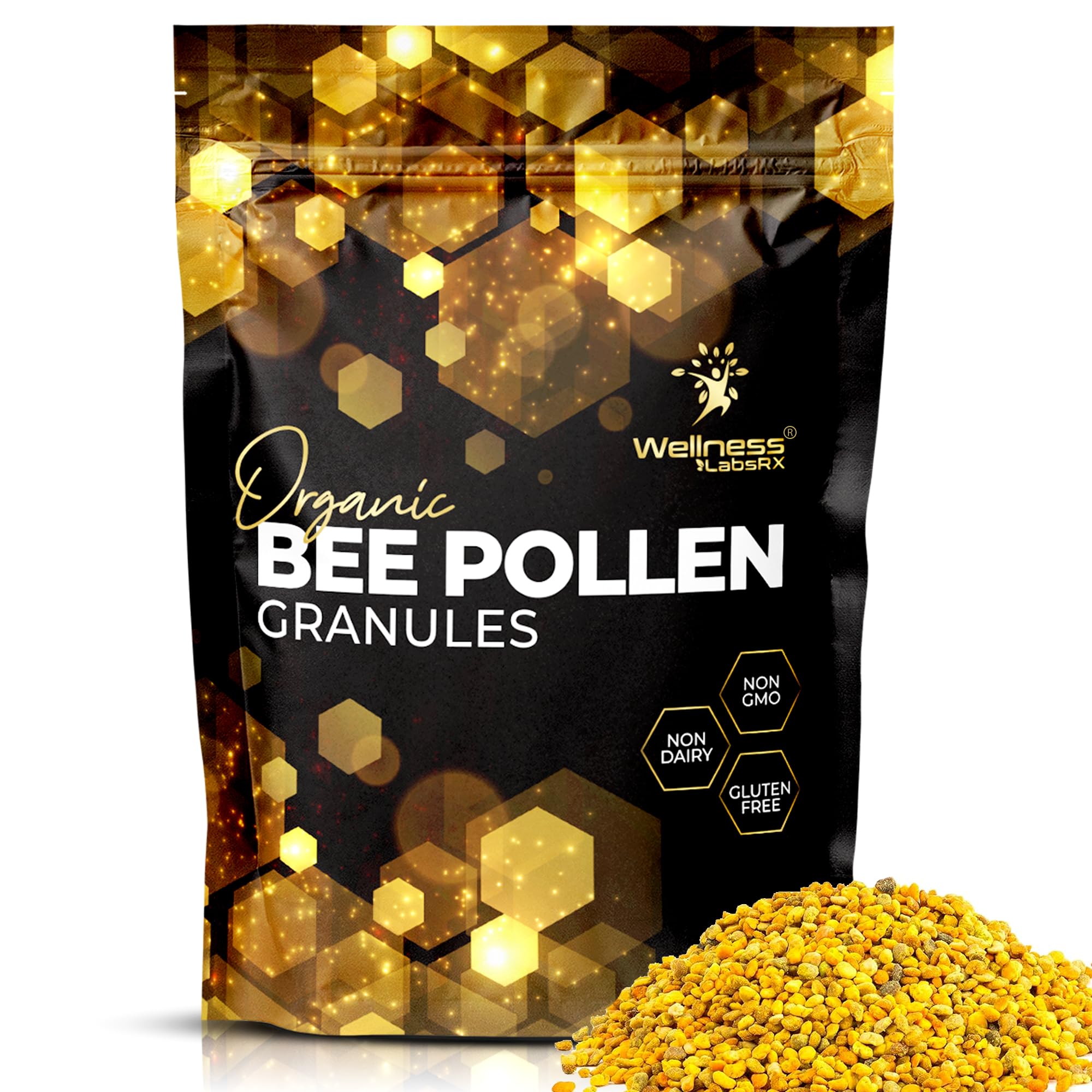 WellnessLabsRx Bee Pollen Granules bottle showcasing premium packaging and nutrient-rich granules