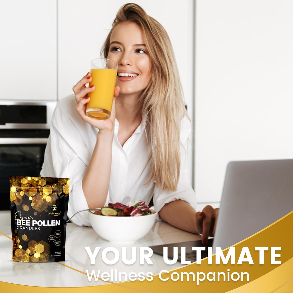 WellnessLabsRx Bee Pollen Granules daily-use imagery for smoothies and yogurt