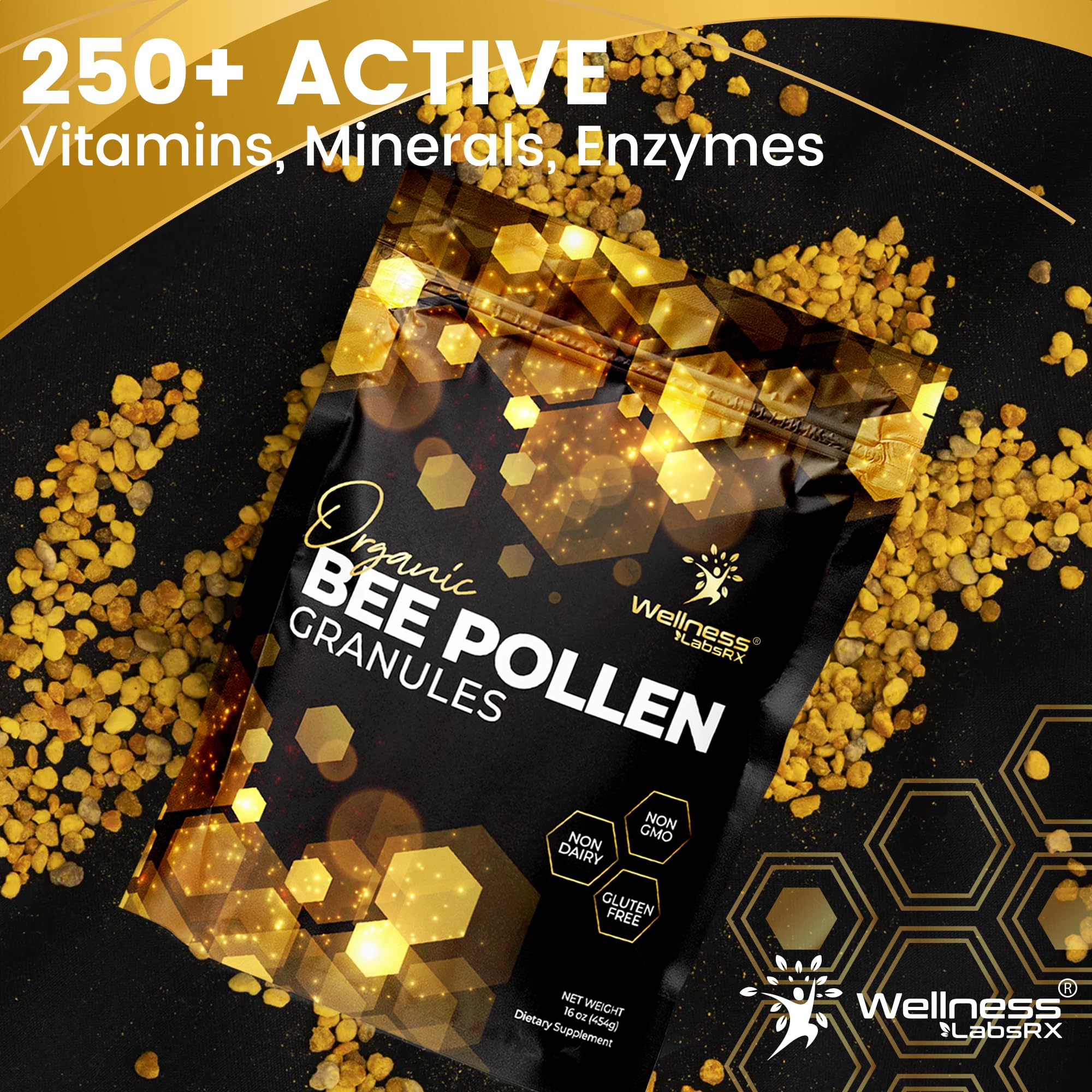 WellnessLabsRx Bee Pollen Granules gluten-free badge on packaging