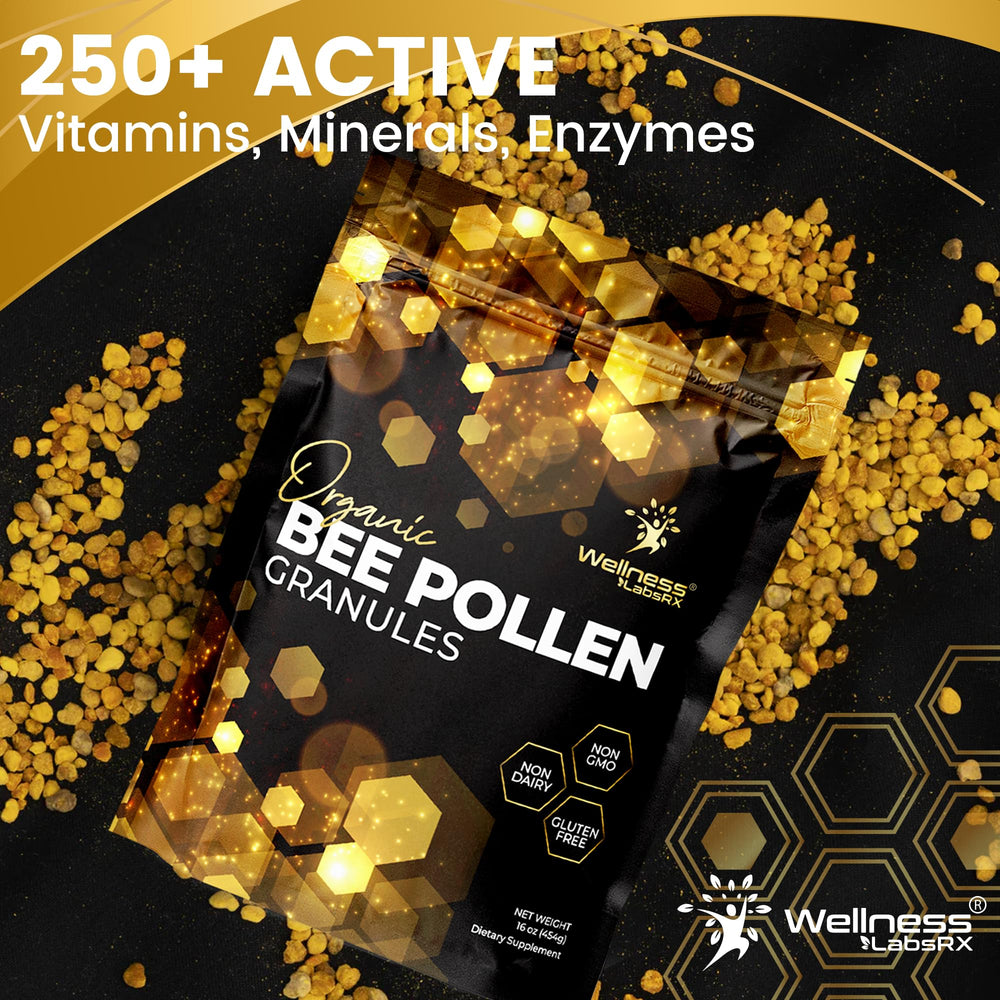 WellnessLabsRx Bee Pollen Granules gluten-free badge on packaging