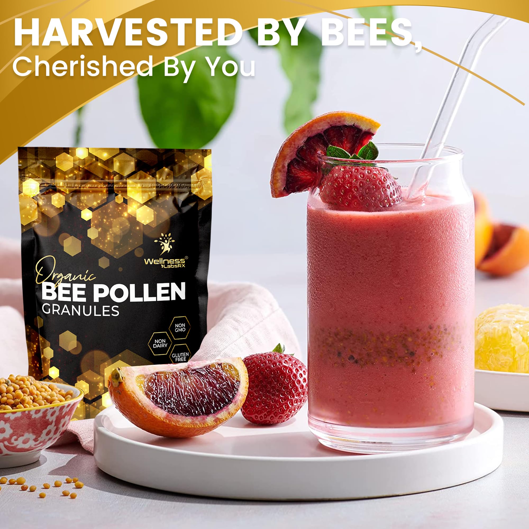 WellnessLabsRx Bee Pollen Granules jar with transparent interior shine