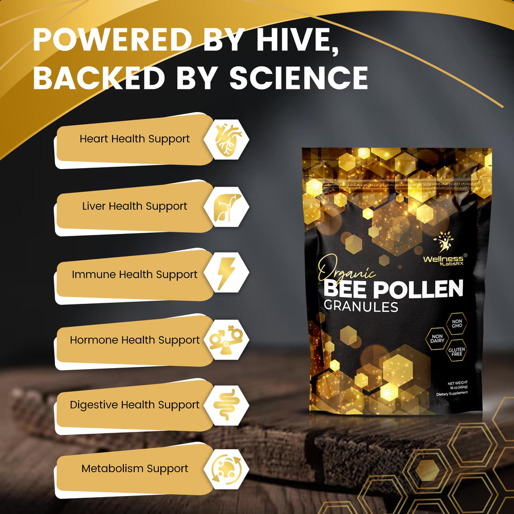 WellnessLabsRx Bee Pollen Granules label highlights organic, gluten-free ingredients