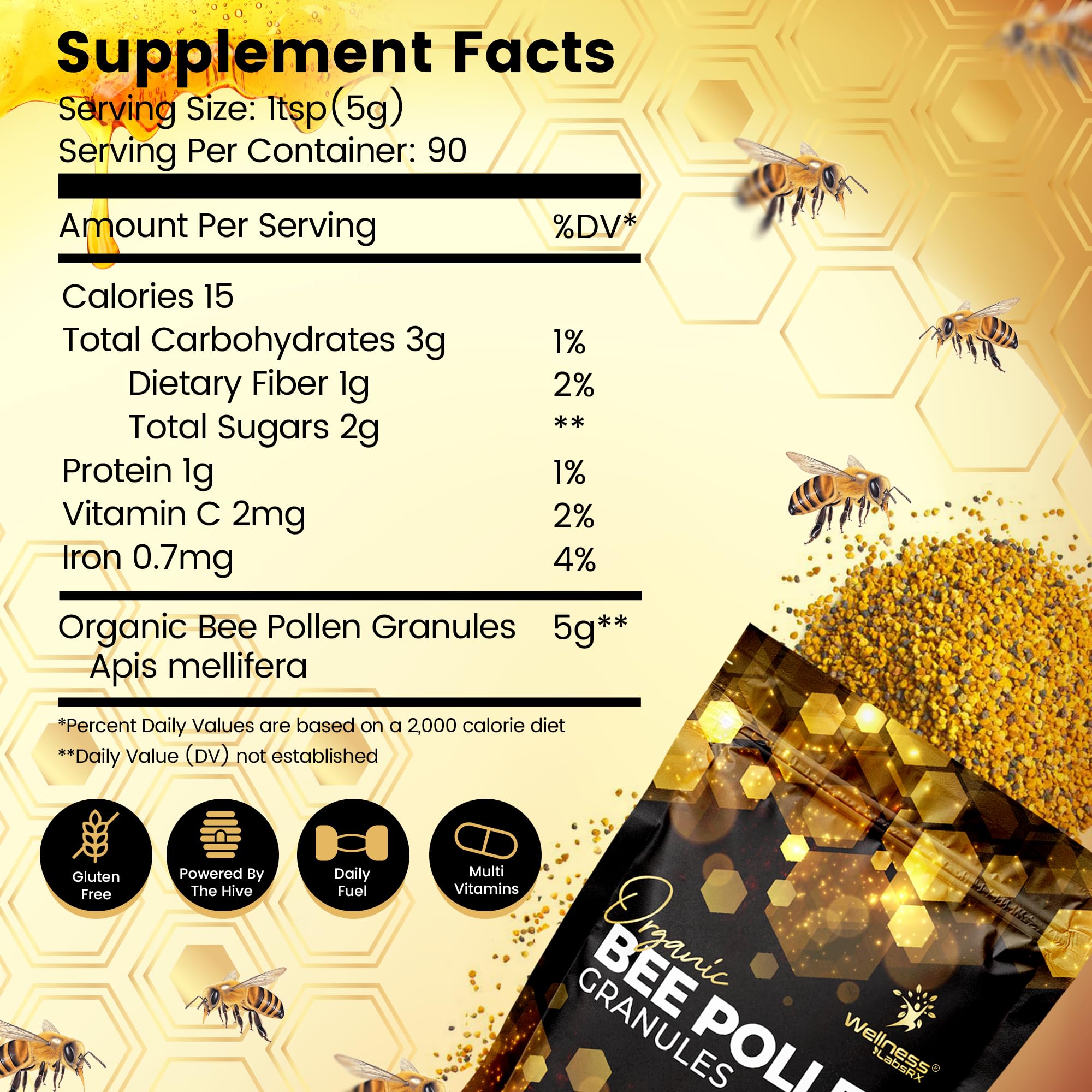 WellnessLabsRx Bee Pollen Granules spoon close-up for easy daily serving