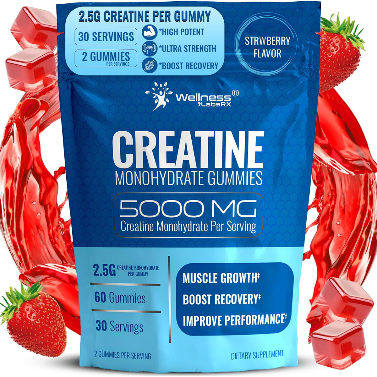 WELLNESS LABSRX Creatine Gummies bottle front for convenient daily strength support.