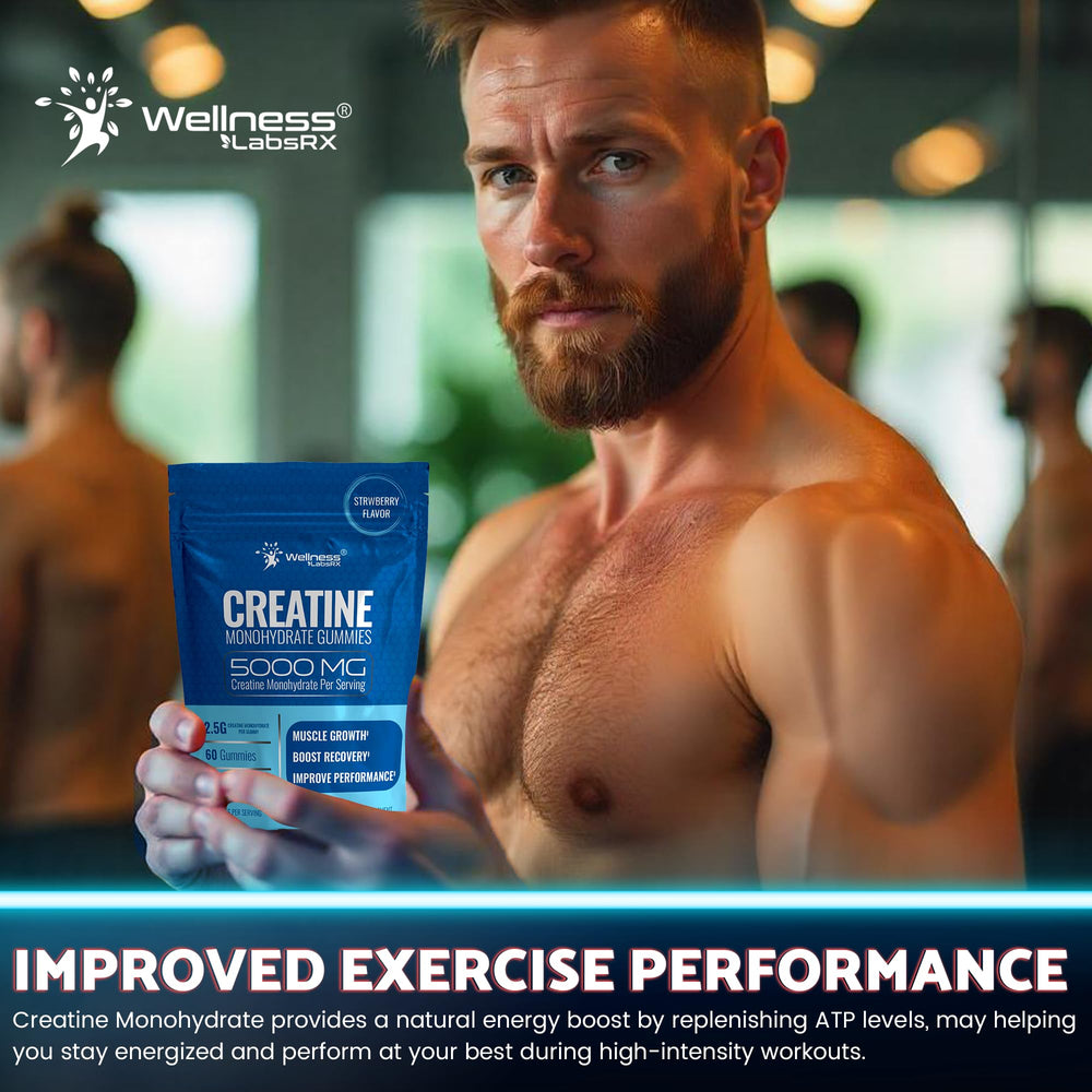 WELLNESS LABSRX Creatine Gummies gym lifestyle shot emphasizing daily consumption.