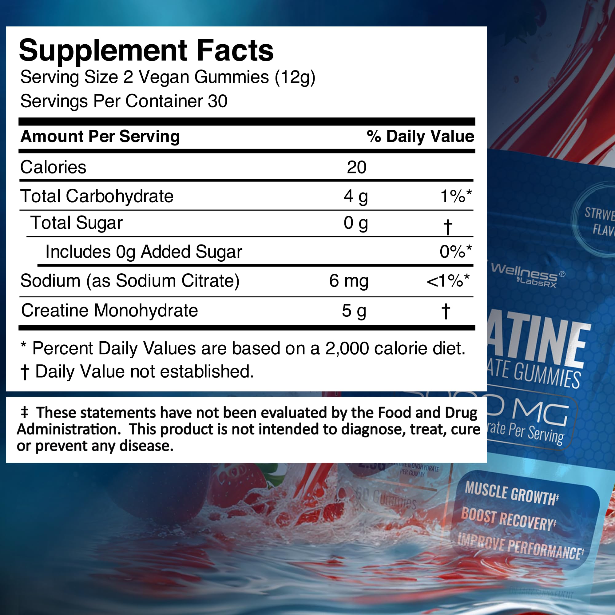 WELLNESS LABSRX Creatine Gummies strawberry close-up highlighting tasty flavor for supplementation.