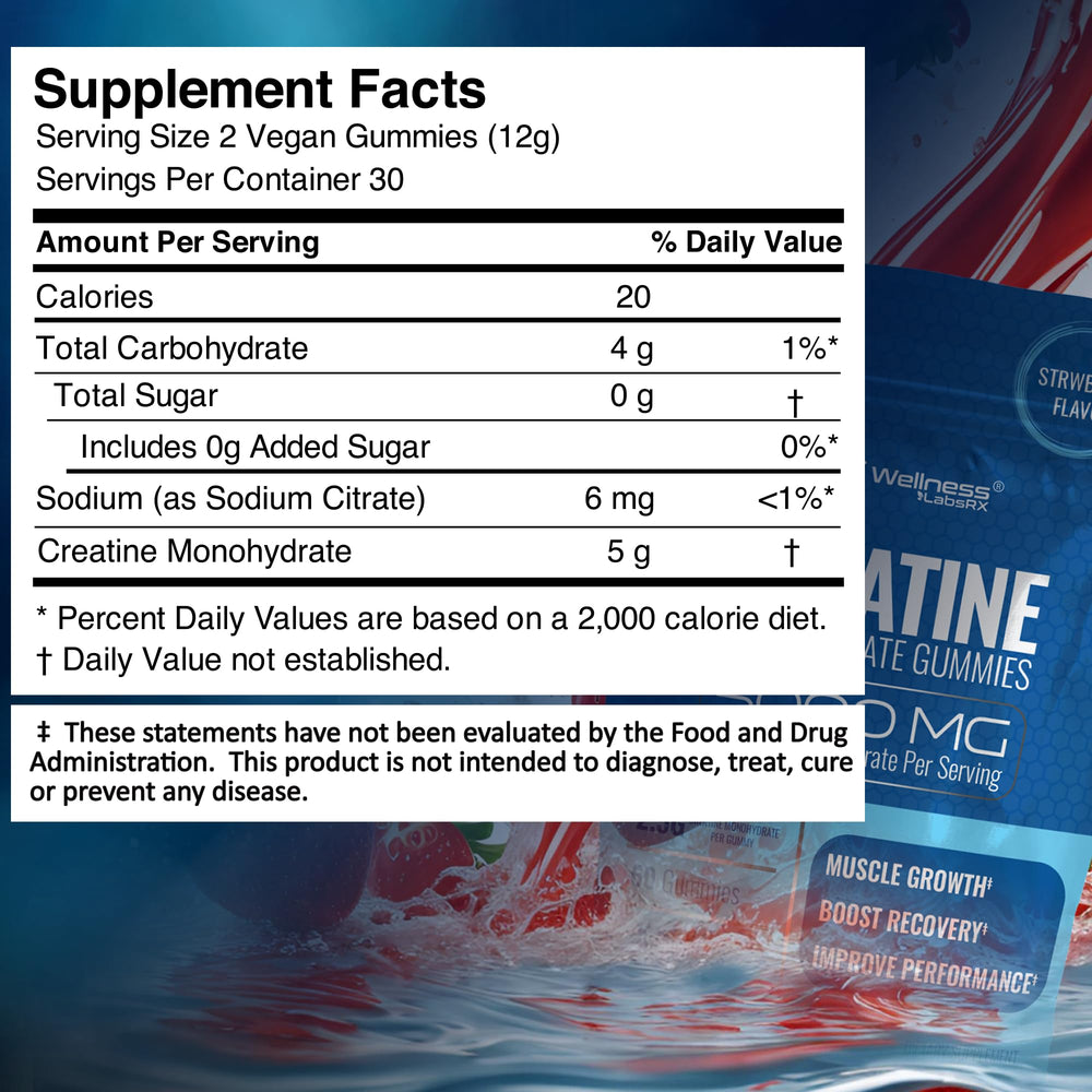 WELLNESS LABSRX Creatine Gummies strawberry close-up highlighting tasty flavor for supplementation.