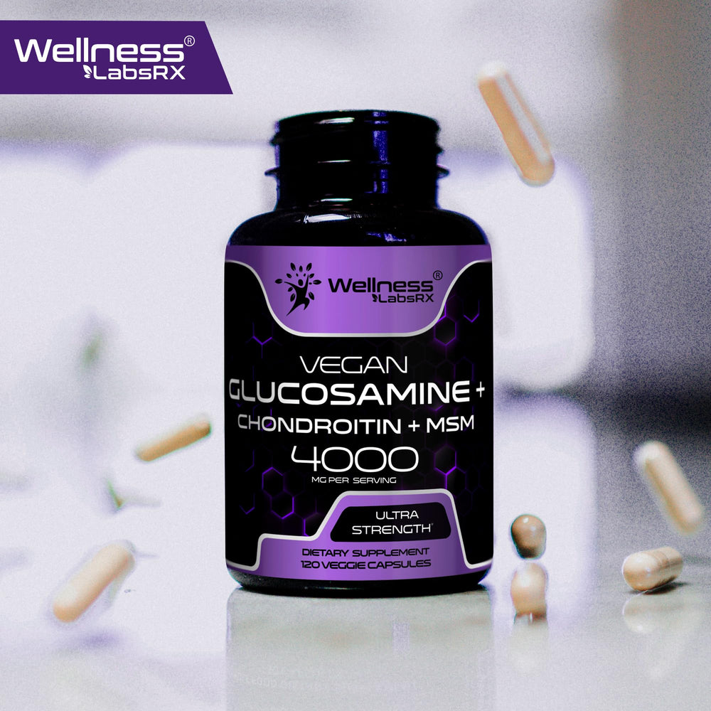 Shelf-display packaging featuring WELLNESS LABSRX joint wellness formula.