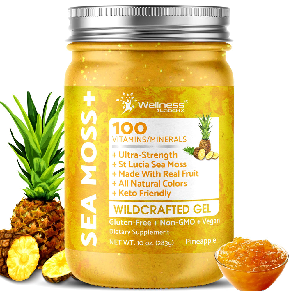 Wellness LabsRx Irish Sea Moss Gel pineapple bottle for smoothies and daily use.